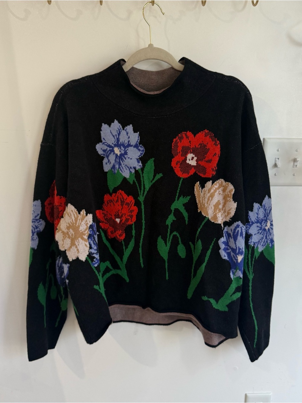 Anthropologie Maeve Carys Funnel Neck Floral Sweater Black - Picture 6 of 8